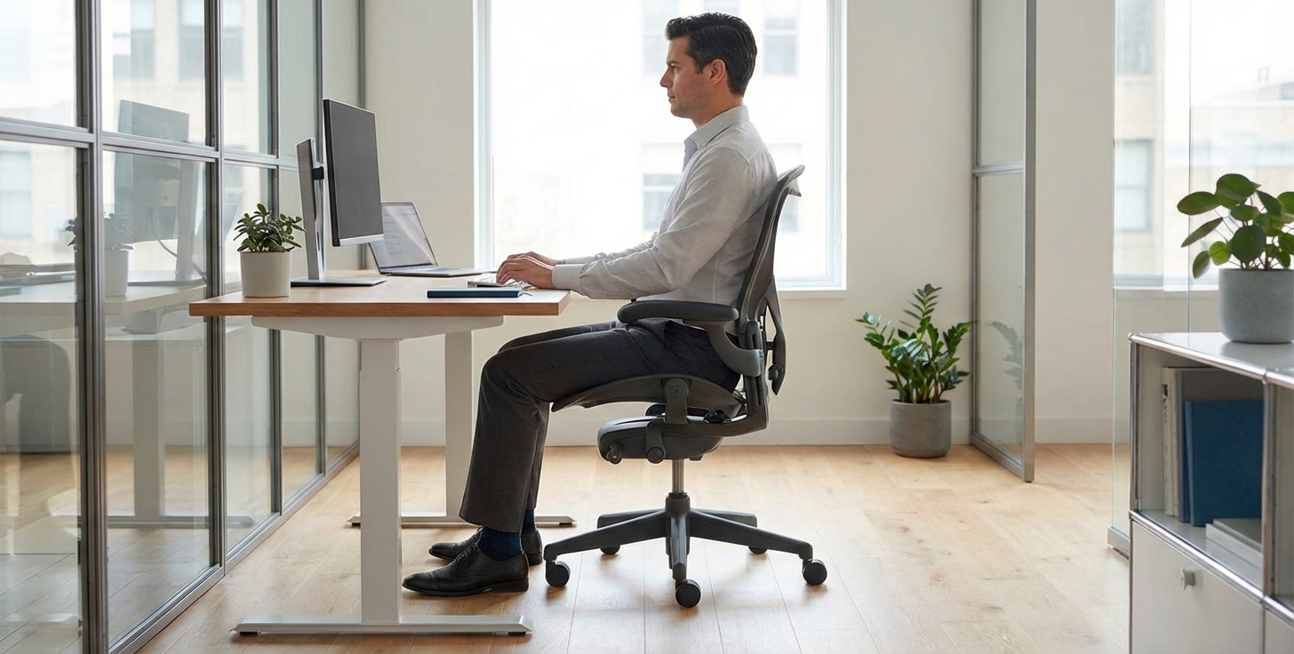 Mann sitzt in aufrechter und ergnomisch korrekter Haltung an einem Schreibtisch.