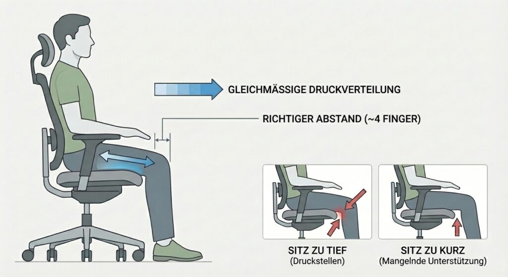 Grafik zur richtigen Einstellung der Sitztiefe bei Bürostühlen